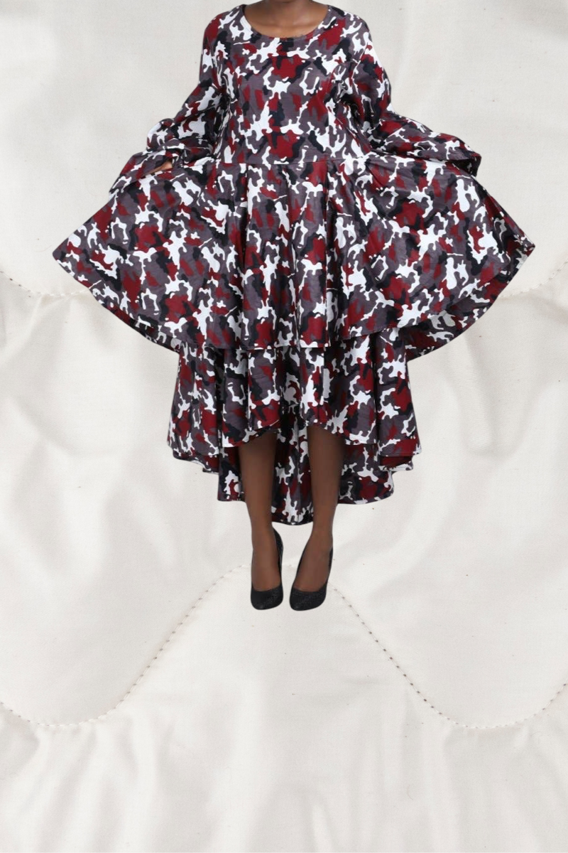 Camo Bell Sleeve Ruffled Dress