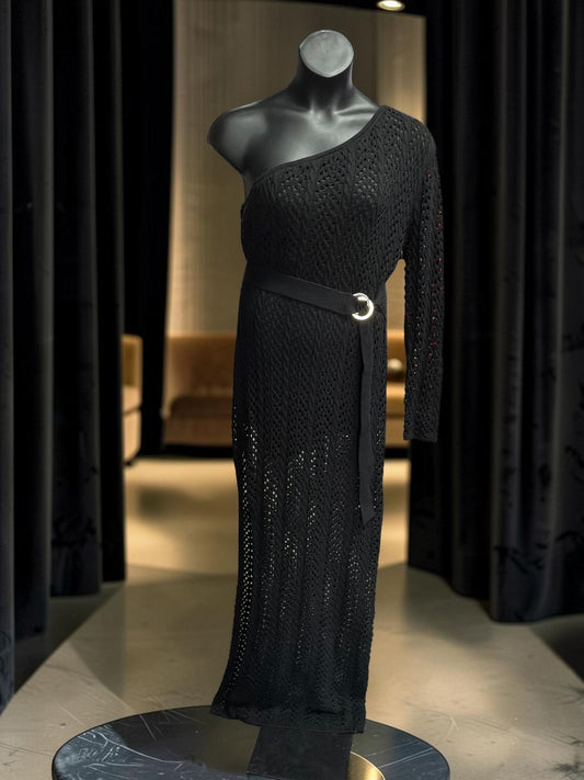 Black Belted Maxi Net Dress