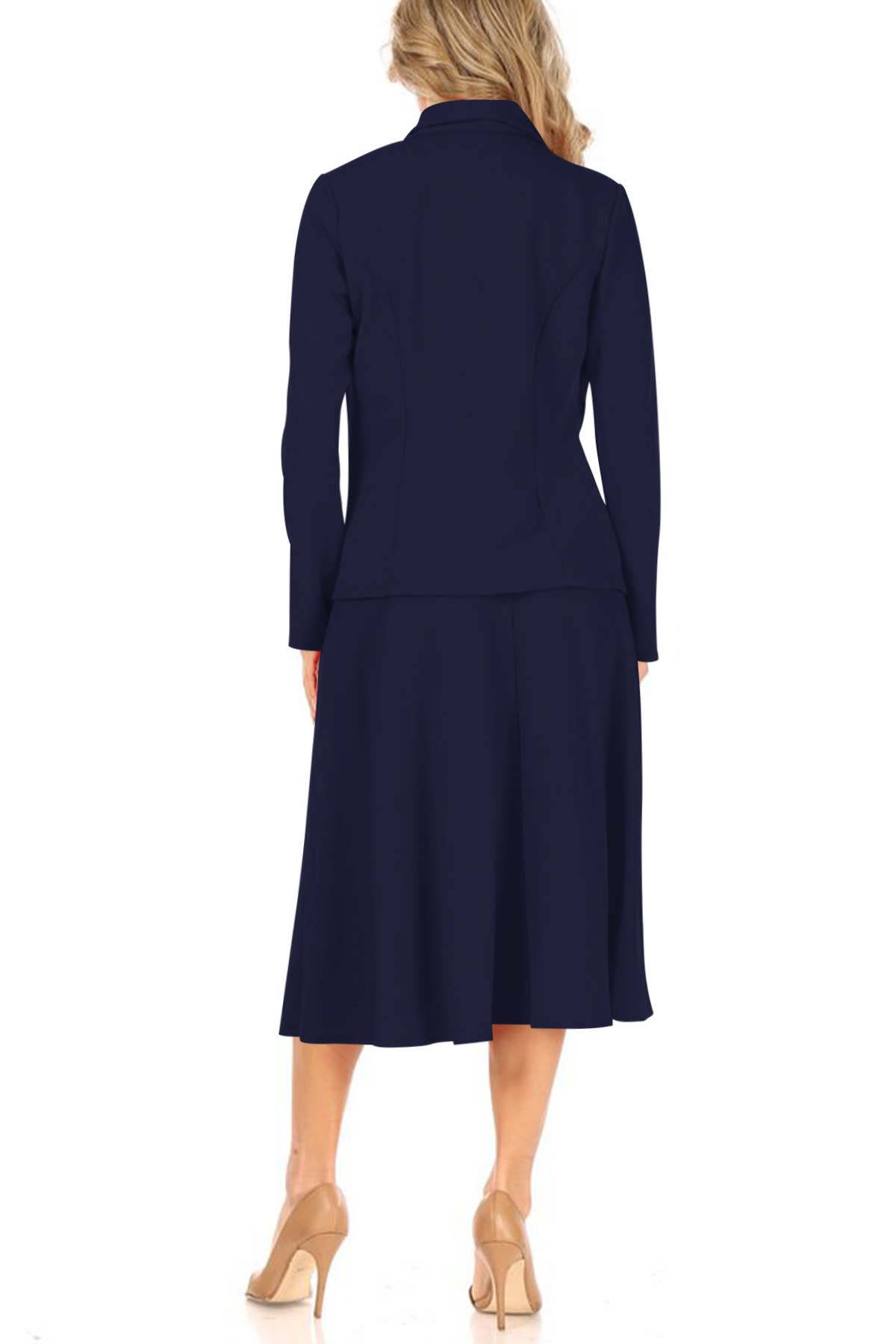 Navy Blue Casual Blazer Relaxed A-Line Midi Skirt Suit