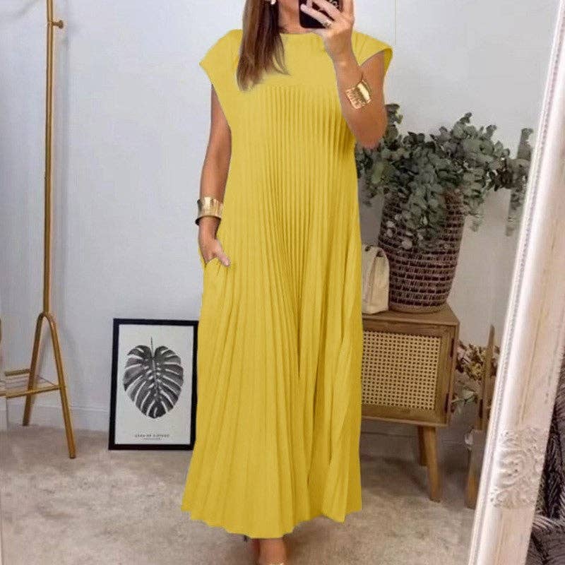 Pleated Round Neck Swing Dress
