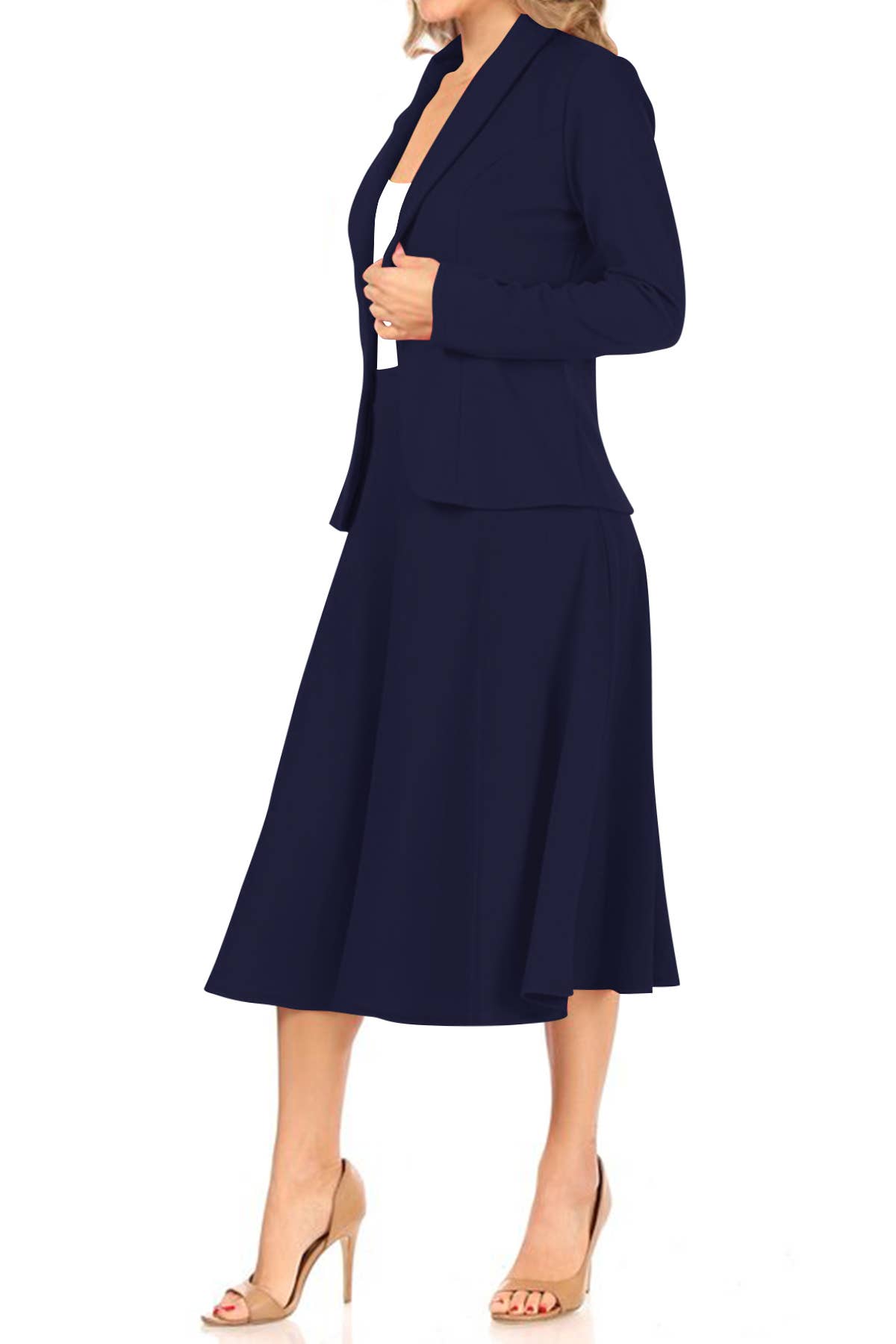 Navy Blue Casual Blazer Relaxed A-Line Midi Skirt Suit