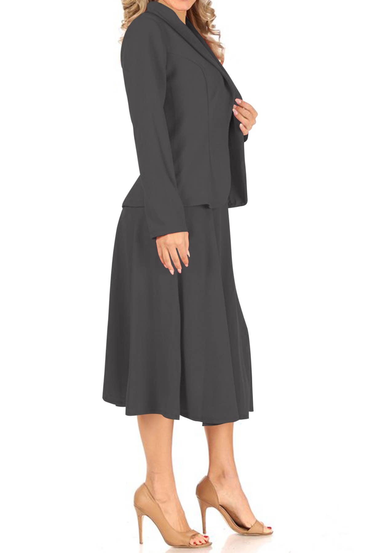 Navy Blue Casual Blazer Relaxed A-Line Midi Skirt Suit