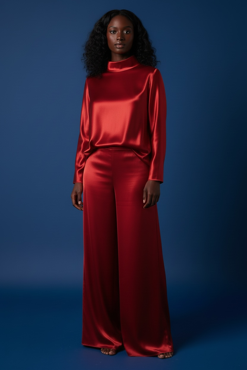 Red Silky Satin Pants Set