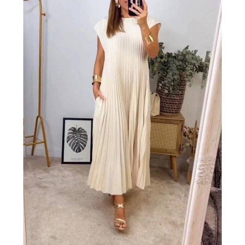 Pleated Round Neck Swing Dress